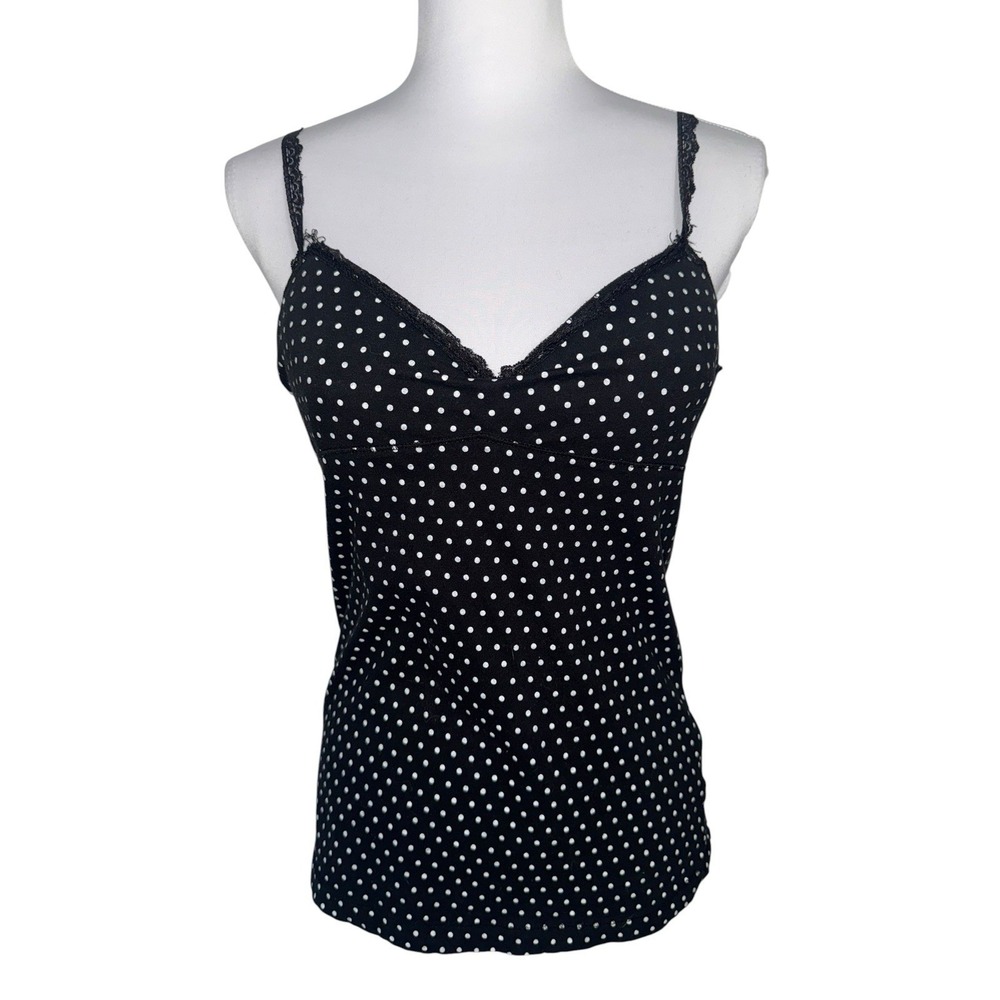 VTG LEI Polka Dot Lace Trim Cami Tank Top Black White Cotton Juniors XXL Y2K - Picture 1 of 10